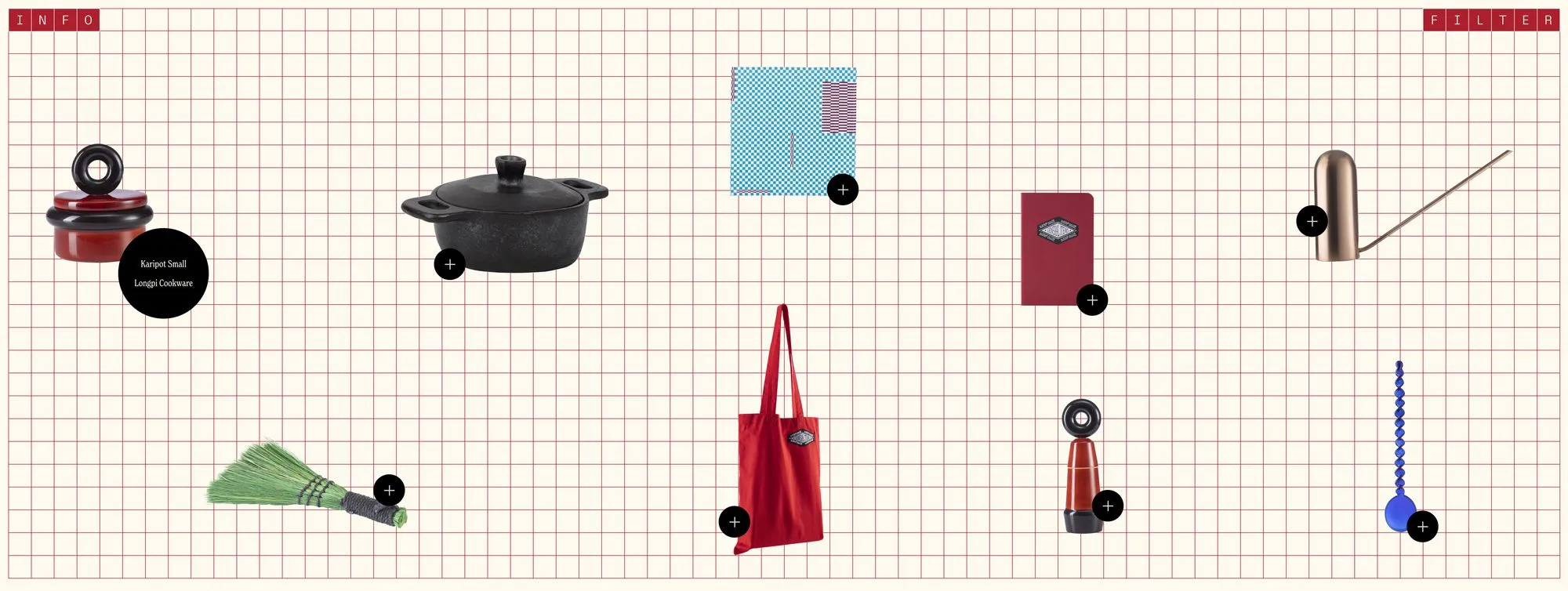 Early direction: photographed products on a graph-paper grid with plus hotspots