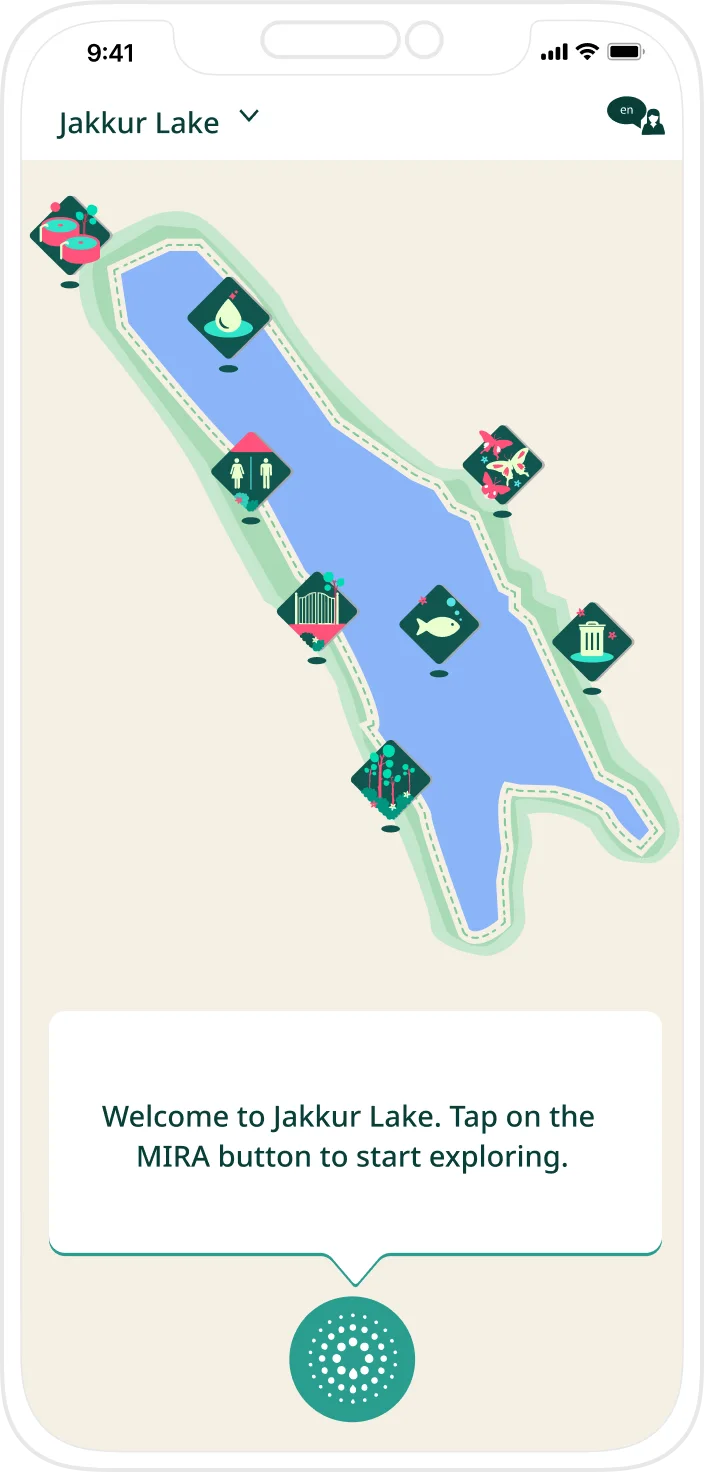 Mira home screen — the Jakkur Lake map with its biodiversity spots and the MIRA assistant button