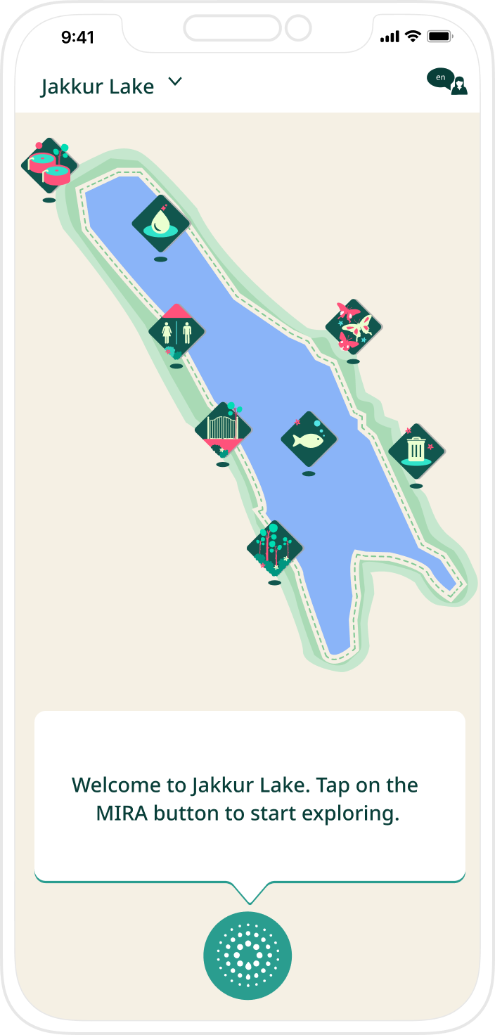 The Mira home screen: Jakkur Lake mapped with tour milestones, the assistant at the bottom